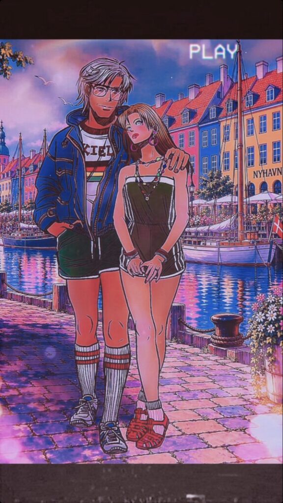 Two characters together beside the colorful Copenhagen waterfront