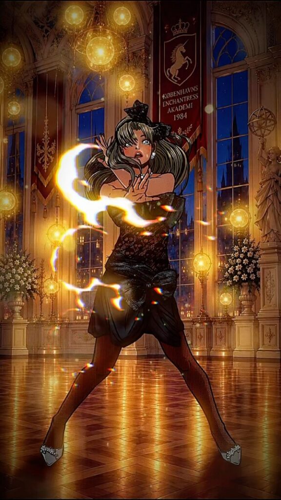 Dark-haired character casting a glowing fire spell